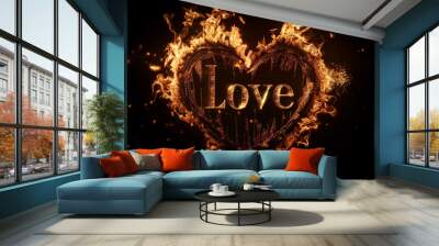 A dramatic representation of a burning heart adorned with the word love engulfed in fiery flames against a striking black background Wall mural