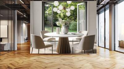 A modern suburban dining room with a round table, upholstered chairs, and a statement chandelier. Wall mural