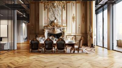 A palatial dining room with a carved marble fireplace and a set of Louis XVI chairs Wall mural