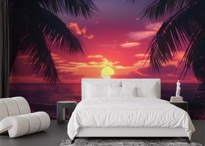 A vibrant beach sunset with hues of orange and pink reflecting off the water's surface. Silhouettes of palm trees frame the scene, adding a touch of tropical beauty to the serene coastal setting. Wall mural