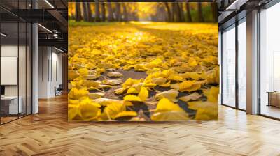 Abstract background created by yellow autumn leaves covering a park path. Perfect lighting captures the vibrant colors and textures of the leaves Wall mural