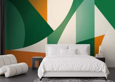 abstract background with leaves, Step into the realm of modern design with this captivating abstract geometric presentation, showcasing a stunning combination of green, orange, and white Wall mural