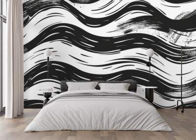 black and white abstract background, Wavy and swirled brush strokes vector seamless pattern. Bold curved lines and squiggles ornament Wall mural