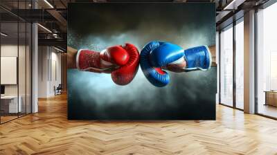 boxing gloves, Witness the raw intensity of competition with a closeup of two men's hands clad in red and blue boxing gloves colliding in a powerful hit, set against an isolated dark misty background Wall mural