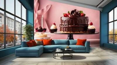 chocolate cake with cherries, indulge your senses with a decadent chocolate cupcake and cake set aga Wall mural