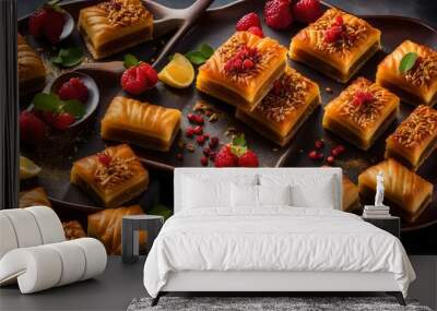 chocolate candy in a box, Indulge in the exquisite flavors of Turkish baklava, a delicacy crafted from layers of flaky puff pastry, expertly baked to perfection Wall mural