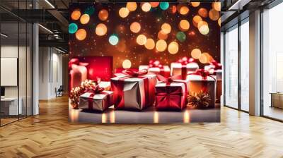 christmas background with gift boxes and candles, Get into the holiday spirit with an AI-generated illustration featuring charming small presents set against a backdrop of twinkling Christmas lights b Wall mural