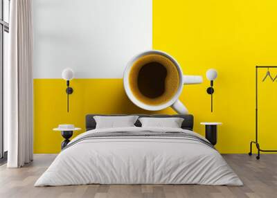 cup of coffee, An ultra-realistic top view image of a coffee cup placed on a vibrant yellow and white background Wall mural