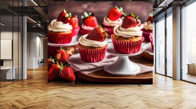 cupcake with strawberry, A delightful scene unfolds as cupcakes adorned with ripe strawberries and luscious cream take center stage, inviting viewers to indulge in their sweet temptation Wall mural