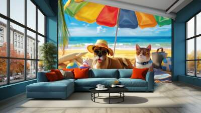 dog  and cat on a beach, Celebrate the joy of summer holidays with a heartwarming scene featuring an adorable cat and dog enjoying a sunny beach day, created with generative AI Wall mural