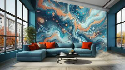 Abstract blue marble texture with gold splashes, blue luxury background Wall mural