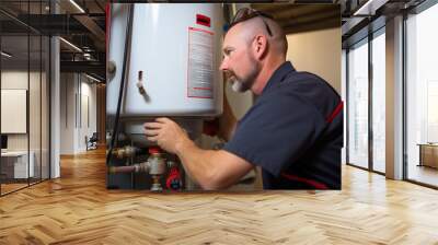 Plumber installing water heater at new home Wall mural