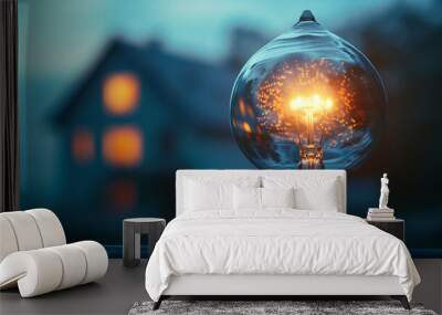 Burning electric light bulb in the foreground and a blurred house with lit windows in the background. Wall mural