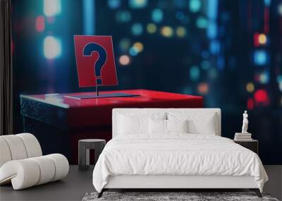 Close-up shiny red box with a question mark on shimmering dark background. Wall mural