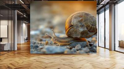 snail on a stone, An inspirational image depicting the concept of slow persistence, featuring a snail pulling a big stone Wall mural