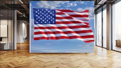 The American flag flying proudly at full mast, its stars and stripes beautifully defined against a pristine blue sky. Wall mural