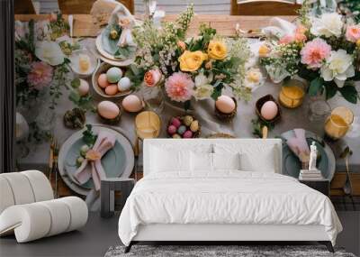 Elevate Your Easter Celebration: A Stylish Brunch Table adorned with Eggs, Flowers, Bunnies, and Pastel Tableware Wall mural