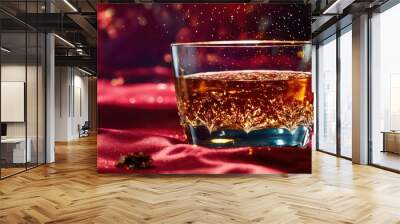 a glass of whiskey with ice and splashes. Golden sparkles background. ai generative Wall mural