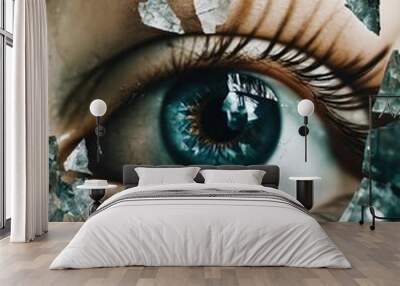 Close-up of beautiful female eye with broken glass effect. Fantasy image. ai generative Wall mural