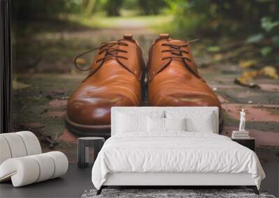 Close-up of stylish brown shoes. Wall mural