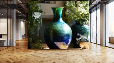 Colorful Decorative glass vase with green and blue pattern on the table. Close up. ai generative Wall mural