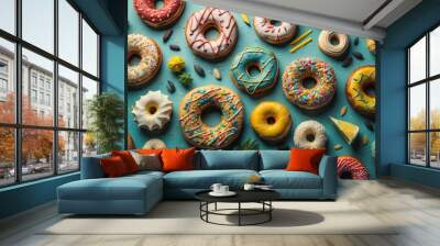 Colorful donuts on blue background. Top view, flat lay. generative ai Wall mural