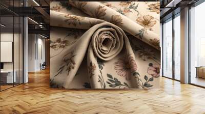 Crumpled beige fabric with floral pattern, closeup view. ai generative Wall mural