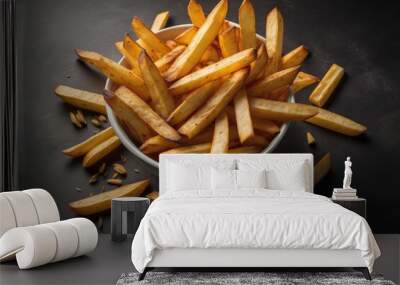 french fries in white bowl on black background, top view. generative ai Wall mural