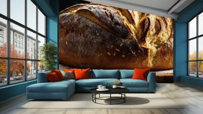 Freshly baked bread with sesame seeds on a wooden board. ai generative Wall mural