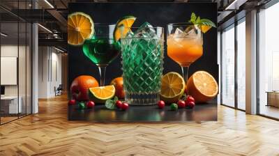 Glasses of sangria with fruits and berries on solid color background. ai generative Wall mural