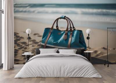 Green leather bag on the beach with sea and sky in the background. generative ai Wall mural