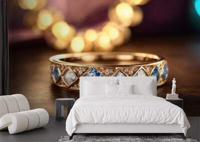 jewelry diamond ring on wooden table with bokeh background. ai generative Wall mural