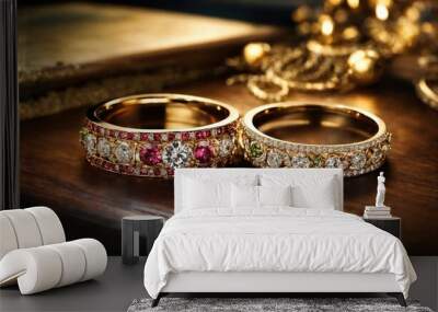 jewelry diamond ring on wooden table with bokeh background. ai generative Wall mural