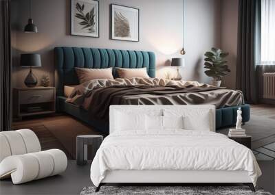 Modern bedroom interior design with gray walls, wooden floor, comfortable king size bed with two pillows. ai generative Wall mural