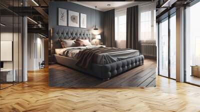 Modern bedroom interior design with gray walls, wooden floor, comfortable king size bed with two pillows. ai generative Wall mural