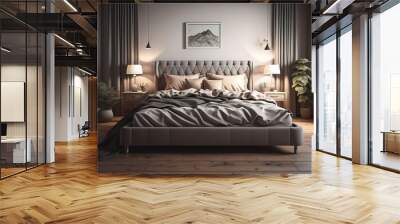 Modern bedroom interior design with gray walls, wooden floor, comfortable king size bed with two pillows. ai generative Wall mural