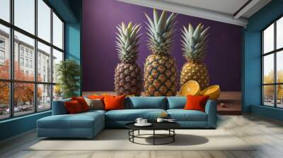 Pineapples on a wooden background. ai generative Wall mural