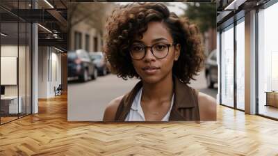 Portrait of a beautiful young african american woman in eyeglasses outdoors. ai generative Wall mural