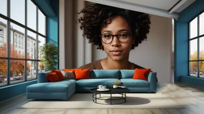 Portrait of a beautiful young african american woman in eyeglasses outdoors. ai generative Wall mural