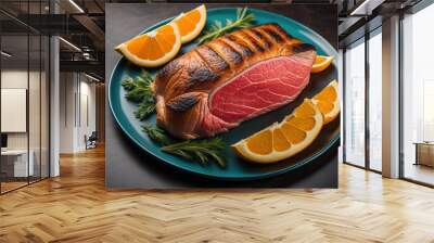 Raw beef sirloin steak with ingredients for cooking on wooden background. ai generative Wall mural