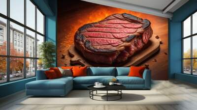 Raw beef sirloin steak with ingredients for cooking on wooden background. ai generative Wall mural