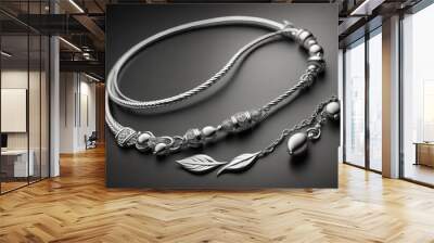 Silver necklace on a solid color background in close-up. ai generative Wall mural