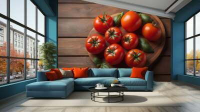 Tomatoes on a wooden table on a dark background. ai generative Wall mural