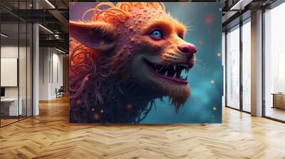 A close-up of a fierce, snarling orange creature with glowing blue eyes, sharp teeth, and a spiky, textured fur coat Wall mural