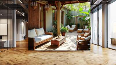 A cozy outdoor patio with wooden furniture, potted plants, and a thatched roof structure providing shade. The background suggests a tropical or resort-like environment Wall mural