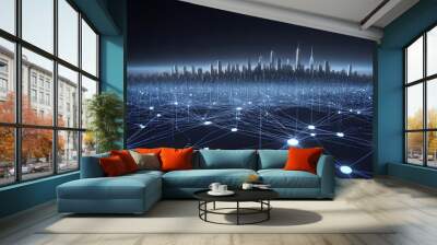 A futuristic city skyline with illuminated skyscrapers connected by glimmering network lines on a dark background Wall mural