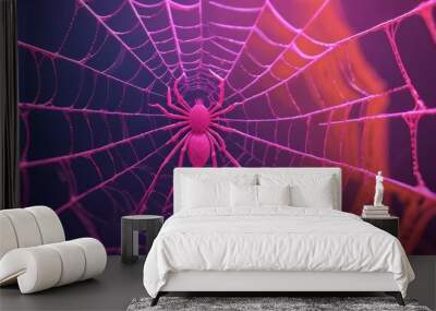 A large pink spider sitting at the center of a detailed web with intricate patterns and vibrant colors Wall mural