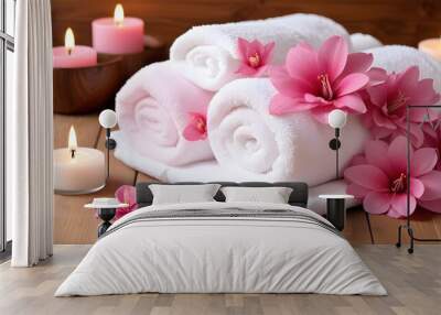 A stack of white towels with pink flowers on a wooden surface Wall mural