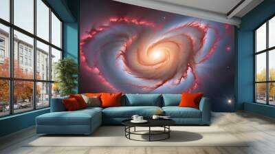 A swirling, colorful galaxy with a bright, glowing center and wispy, spiral arms in shades of red, orange, and blue Wall mural