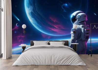 An astronaut in a blue space suit standing on an unknown planet surface Wall mural